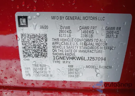 2020 Chevrolet Traverse Awd Lt Leather z USA, uszkodzony, nr VIN 1GNEVHKW6LJ257094